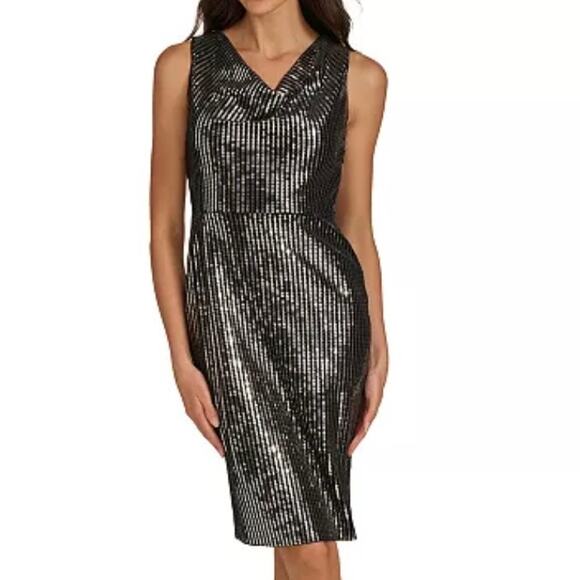 Calvin Klein Siz 8 Black Sequin Drape Neck Sheath Dress Party Cocktail New Years - Picture 1 of 13